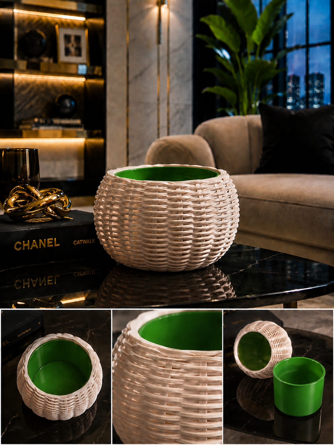 Ginestra modern indoor planter featuring a beige woven 3D design and removable green inner plant pot, ideal for houseplants, contemporary interiors and modern home decor.