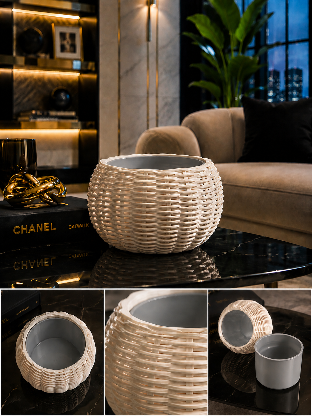 Ginestra modern indoor planter featuring an elegant beige woven 3D design and removable grey inner plant pot, ideal for houseplants, contemporary interiors and stylish modern home decor.