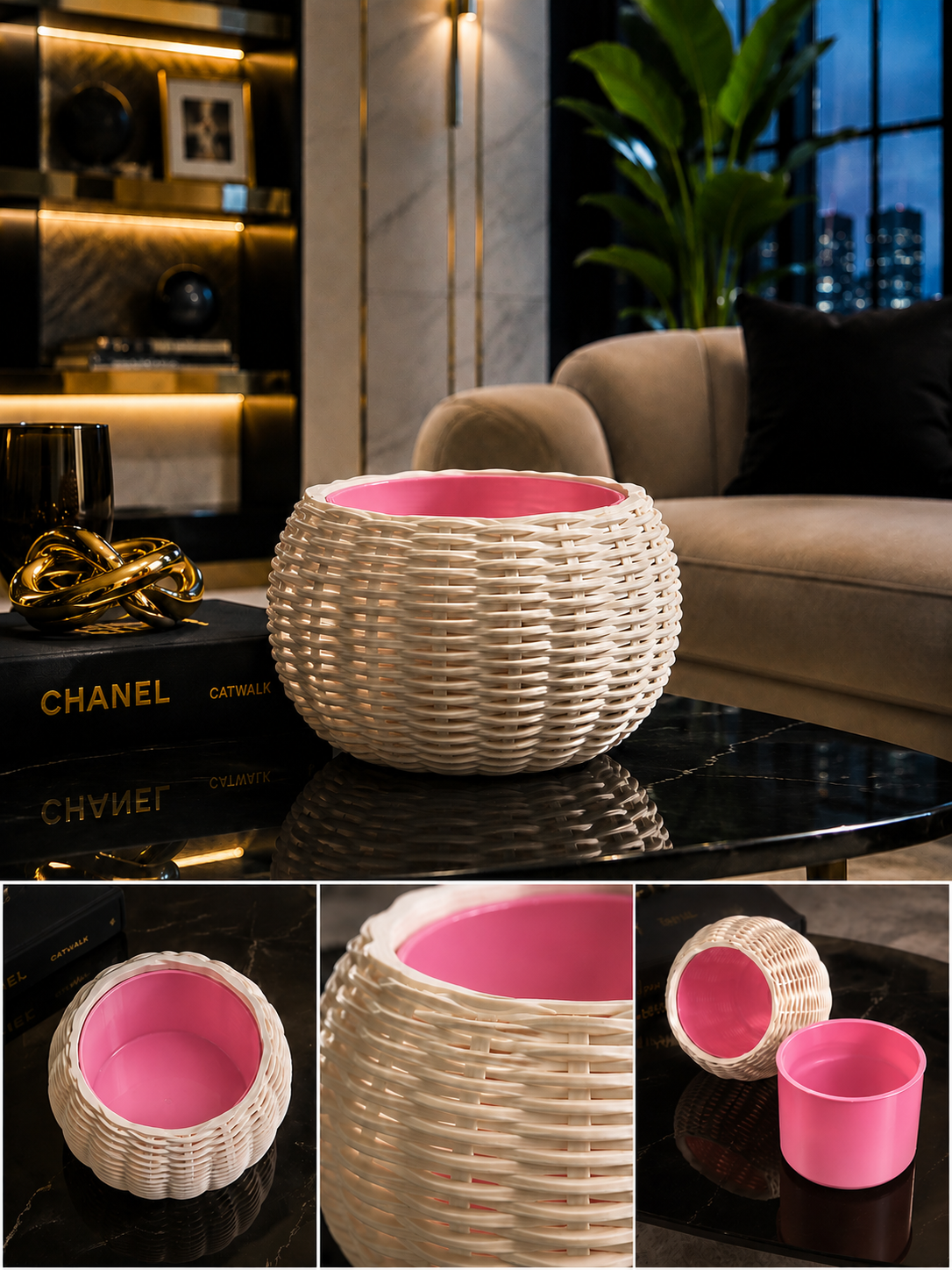 Ginestra modern indoor planter featuring an elegant beige woven 3D design and removable pink inner plant pot, ideal for houseplants, contemporary interiors and stylish modern home decor.