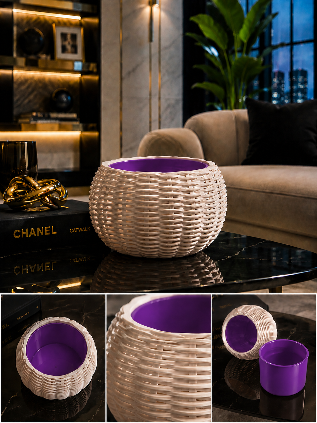 Ginestra modern indoor planter featuring an elegant beige woven 3D design and removable purple inner plant pot, ideal for houseplants, contemporary interiors and stylish home decor.