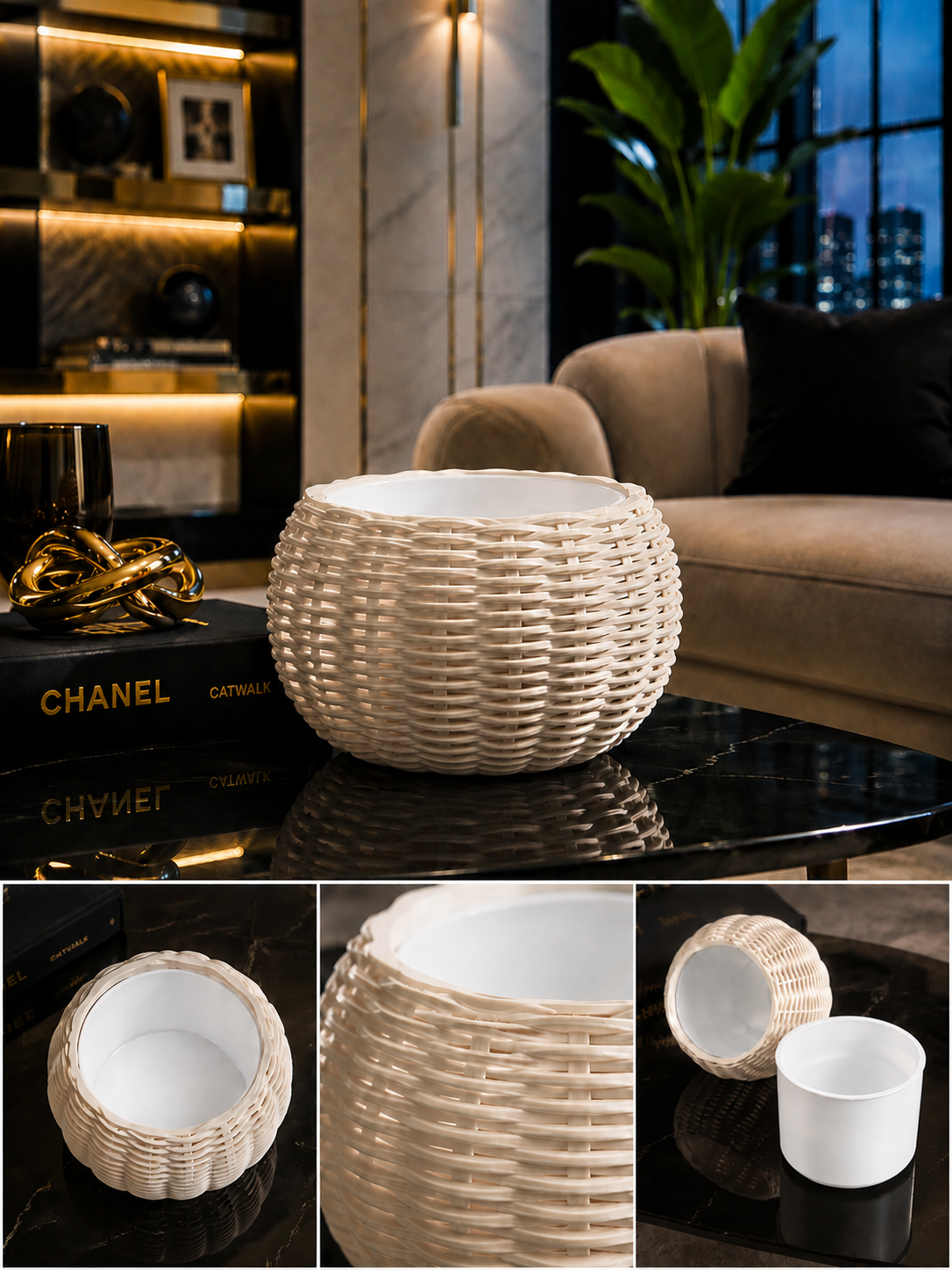 Ginestra modern indoor planter featuring an elegant beige woven 3D design and removable white inner plant pot, ideal for houseplants, contemporary interiors and stylish modern home decor.