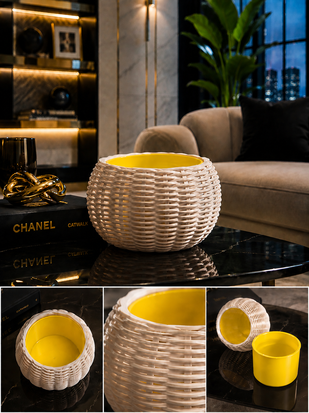 Ginestra modern indoor planter with an elegant beige woven 3D design and removable yellow inner plant pot, ideal for houseplants, contemporary interiors and stylish home decor.