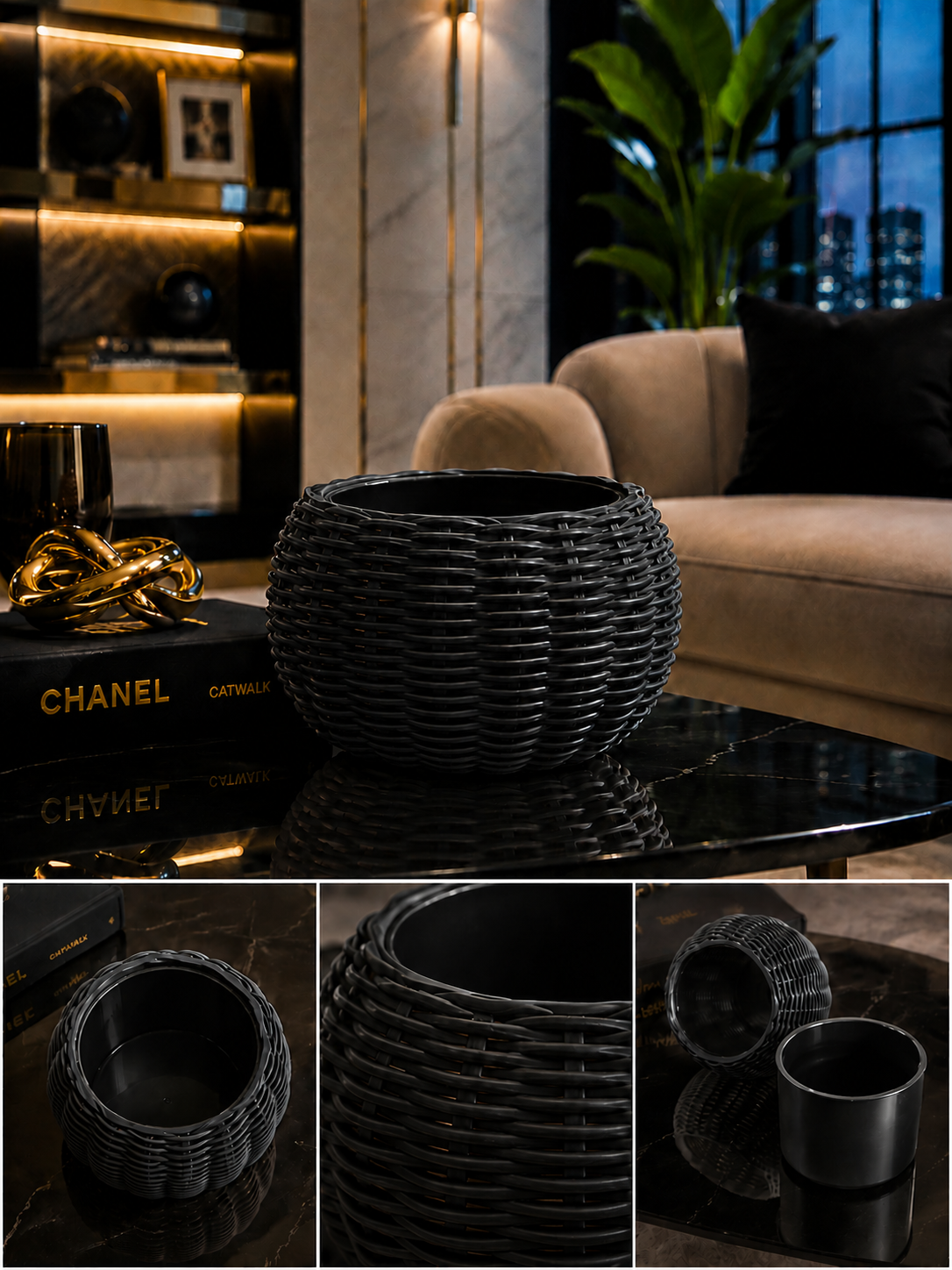 Ginestra modern indoor planter featuring an elegant black woven 3D design with a removable black inner plant pot, ideal for houseplants, luxury interiors, contemporary living spaces and sophisticated modern home decor.