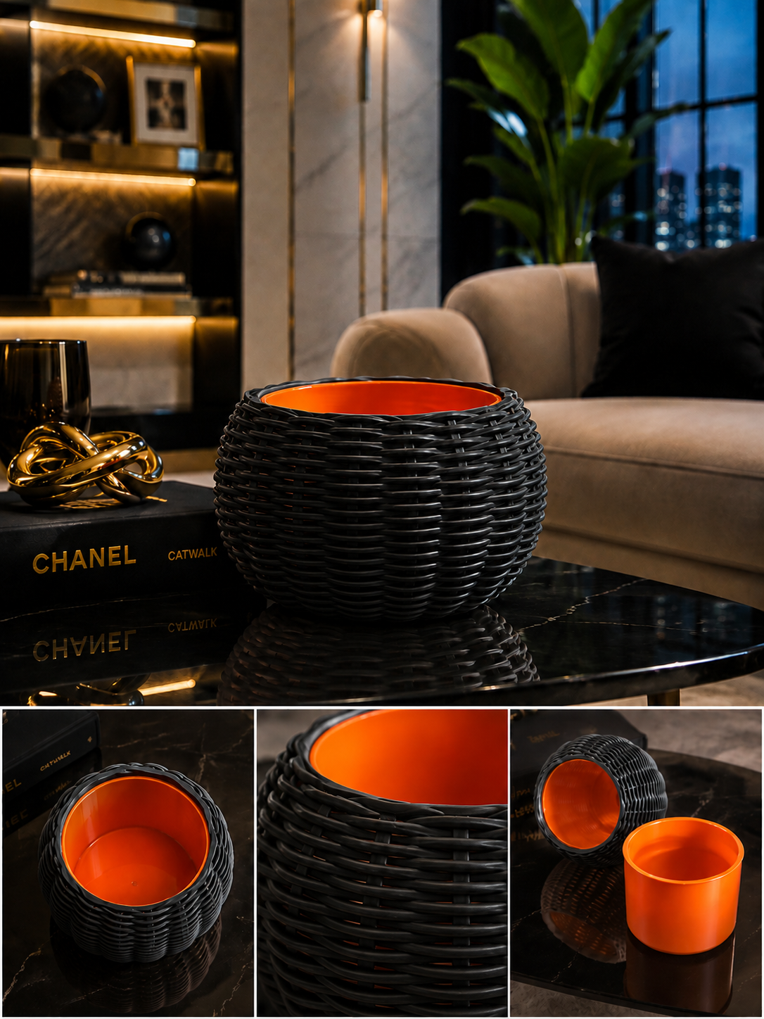 Ginestra modern indoor planter featuring an elegant black woven 3D design with a removable orange inner plant pot, ideal for houseplants, luxury interiors, contemporary living spaces and sophisticated modern home decor.
