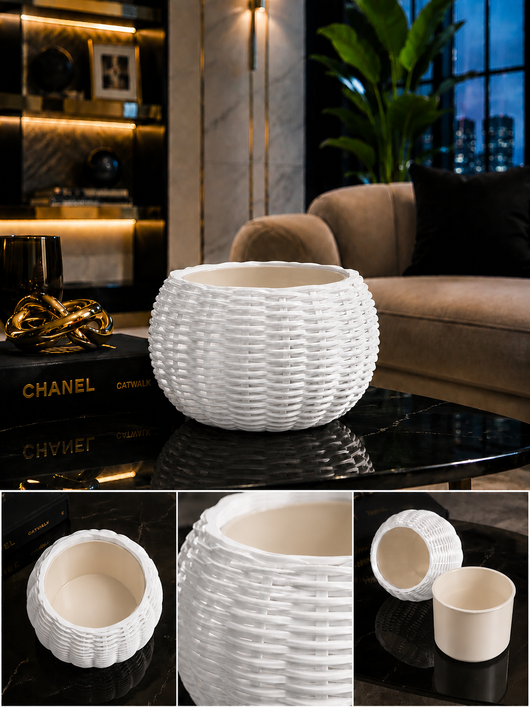 Ginestra modern indoor planter featuring an elegant white woven 3D design and removable beige inner plant pot, ideal for houseplants, luxury interiors, minimalist spaces and contemporary home decor.