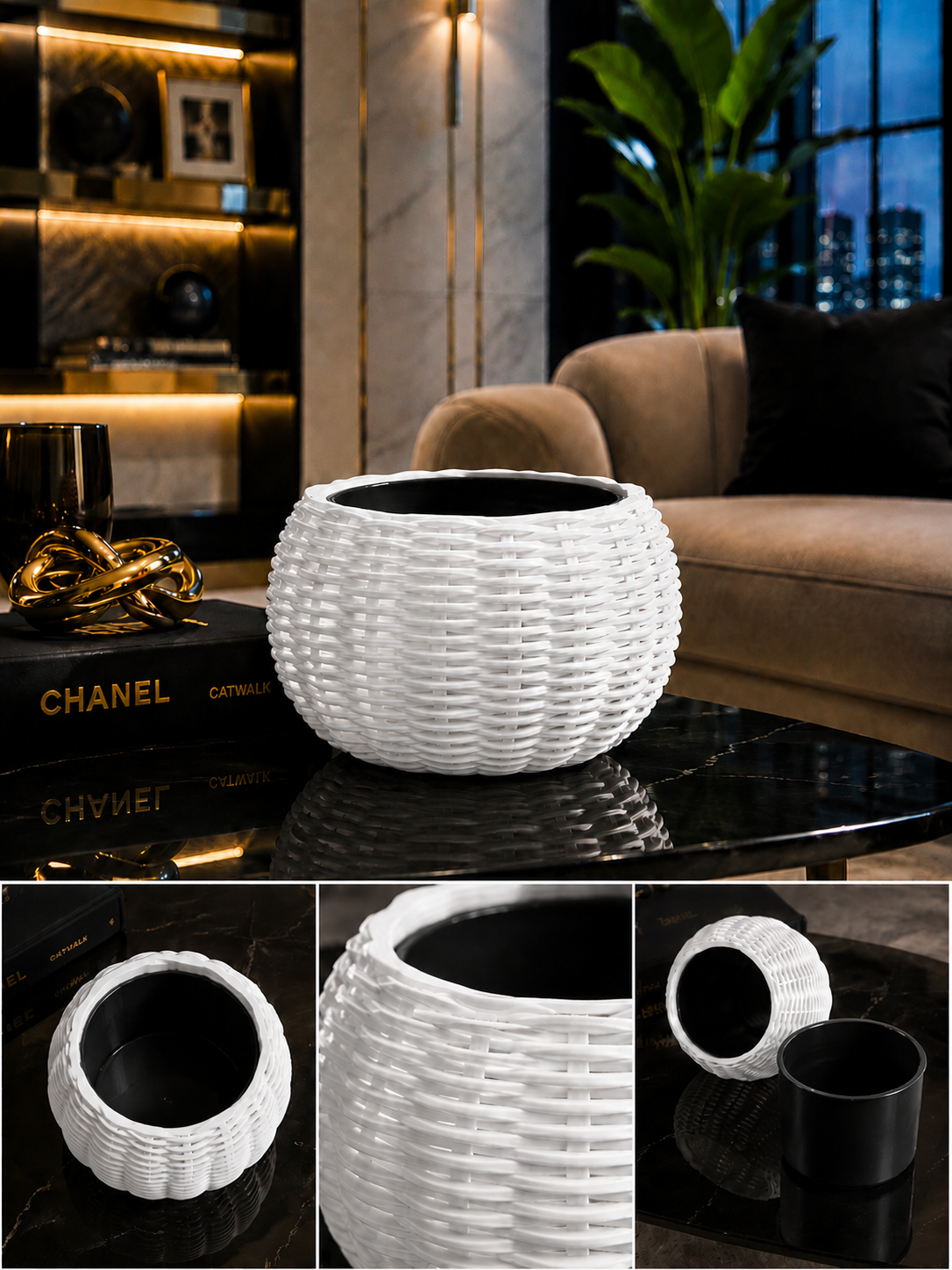 Ginestra modern indoor planter featuring an elegant white woven 3D design and removable black inner plant pot, ideal for houseplants, luxury interiors, contemporary spaces and modern home decor.