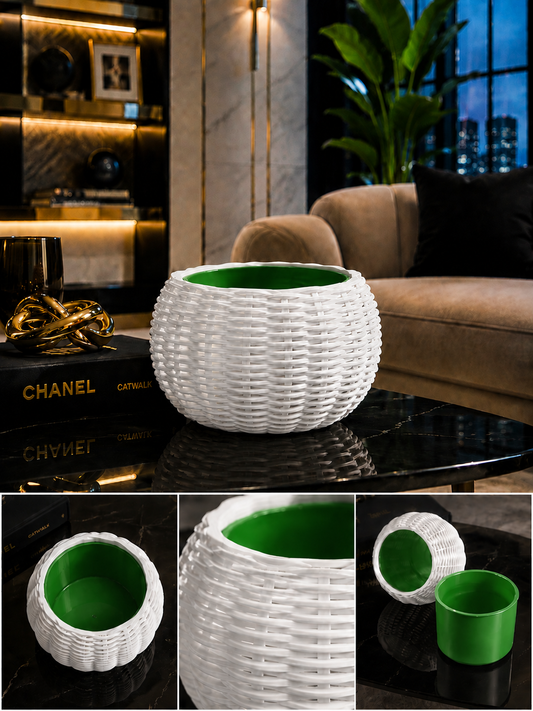 Ginestra modern indoor planter featuring an elegant white woven 3D design and removable green inner plant pot, ideal for houseplants, luxury interiors, contemporary living spaces and stylish modern home decor.