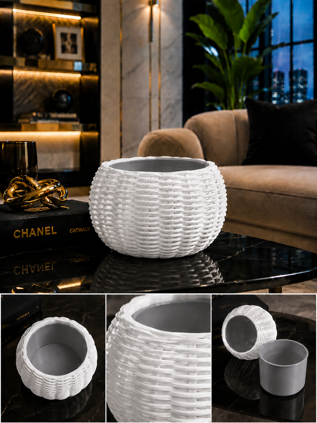 Ginestra modern indoor planter featuring an elegant white woven 3D design and removable grey inner plant pot, ideal for houseplants, luxury interiors, minimalist spaces and contemporary home decor.