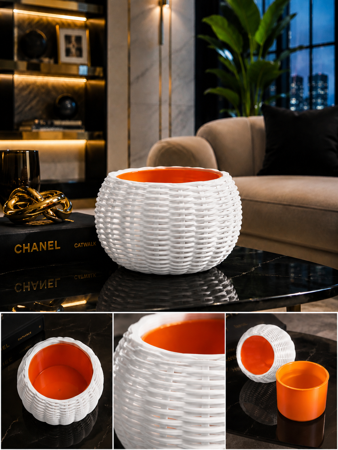 Ginestra modern indoor planter featuring an elegant white woven 3D design with a removable orange inner plant pot, ideal for houseplants, luxury interiors and contemporary home decor.