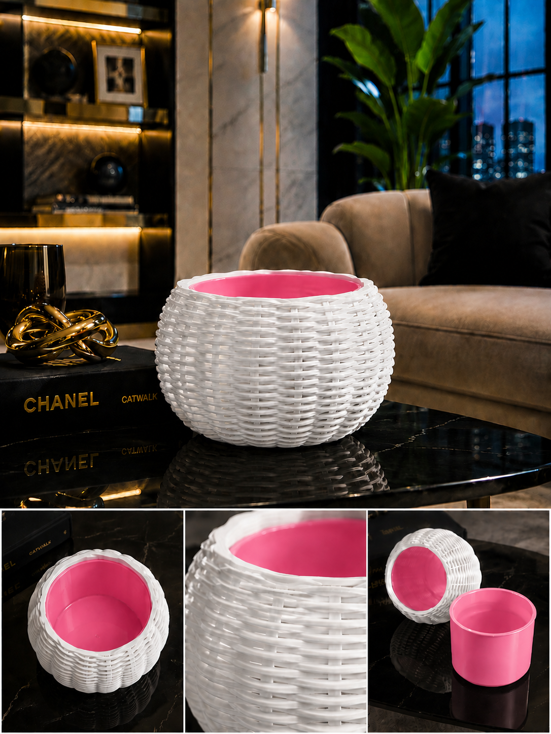 Ginestra modern indoor planter featuring an elegant white woven 3D design with a removable pink inner plant pot, perfect for houseplants, luxury interiors, contemporary living spaces and stylish modern home decor.