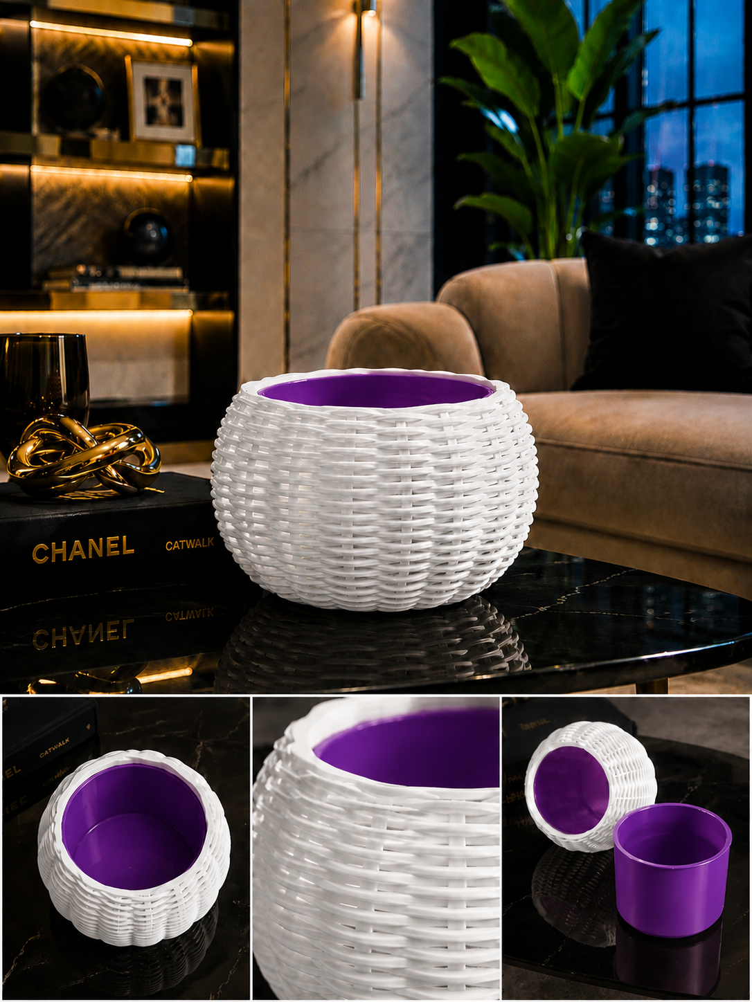 Ginestra modern indoor planter featuring an elegant white woven 3D design and removable purple inner plant pot, ideal for houseplants, luxury interiors, contemporary living spaces and stylish modern home decor.