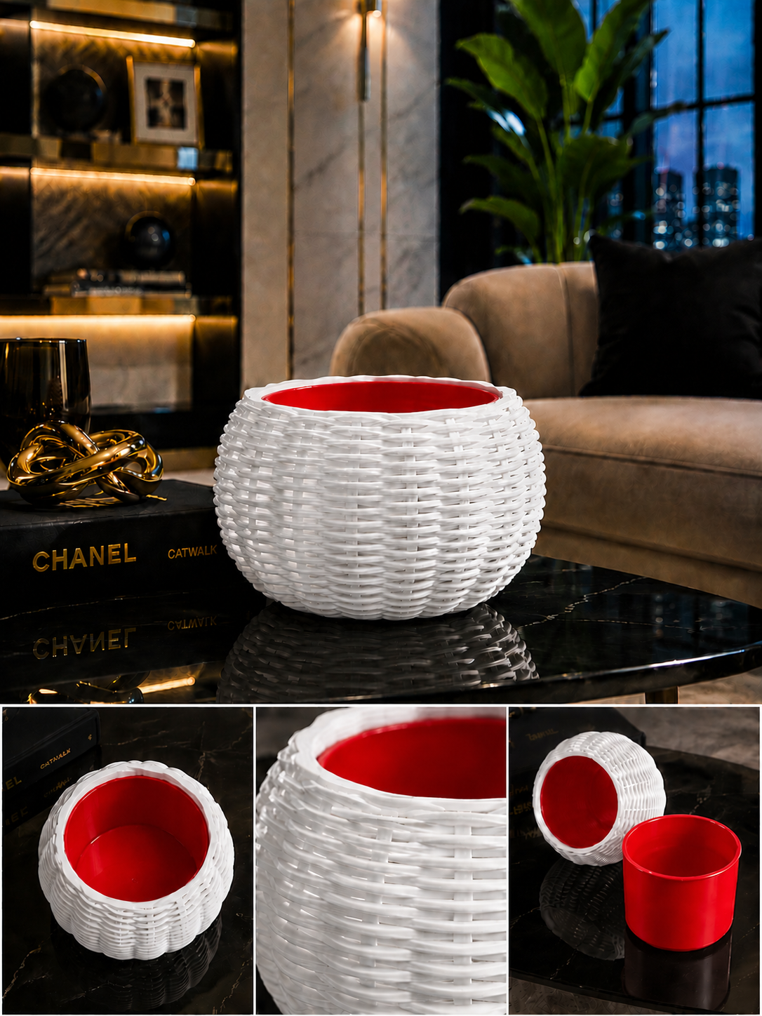 Ginestra modern indoor planter featuring an elegant white woven 3D design and removable red inner plant pot, ideal for houseplants, luxury interiors, contemporary spaces and stylish modern home decor.