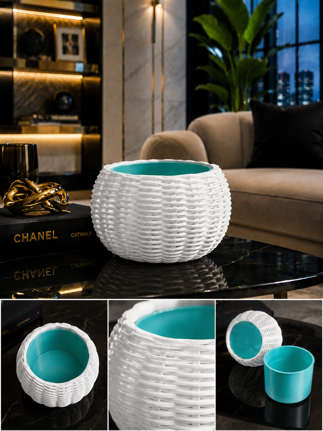 Ginestra modern indoor planter featuring an elegant white woven 3D design and removable turquoise inner plant pot, ideal for houseplants, luxury interiors, contemporary living spaces and stylish modern home decor.