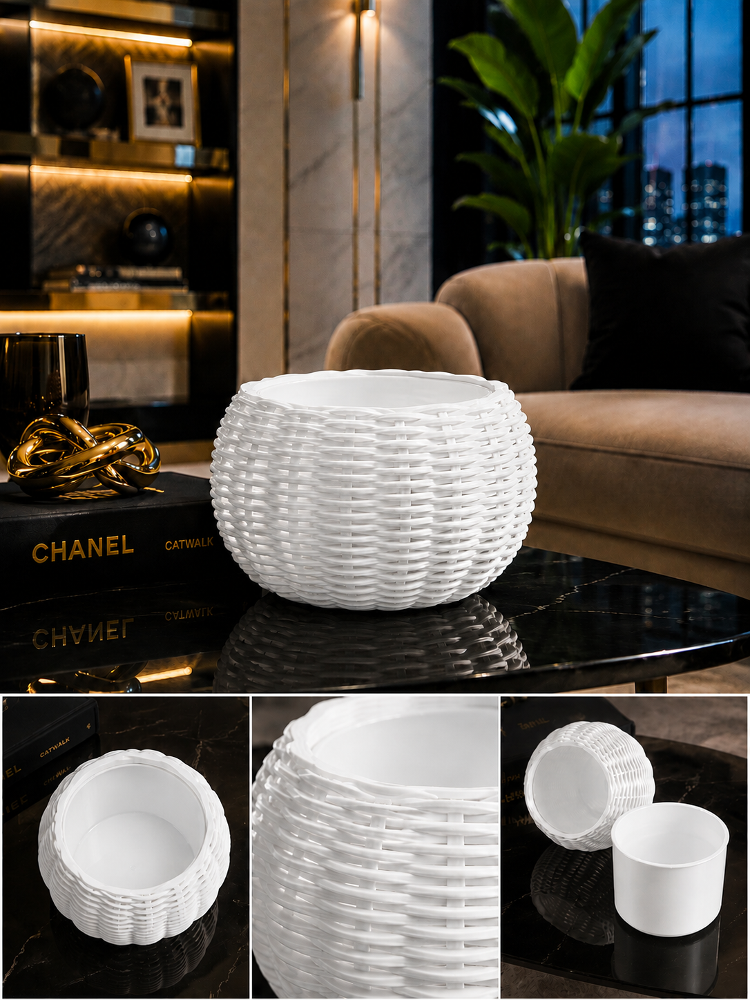 Ginestra modern indoor planter featuring an elegant white woven 3D design and removable white inner plant pot, ideal for houseplants, minimalist interiors, luxury spaces and contemporary home decor.