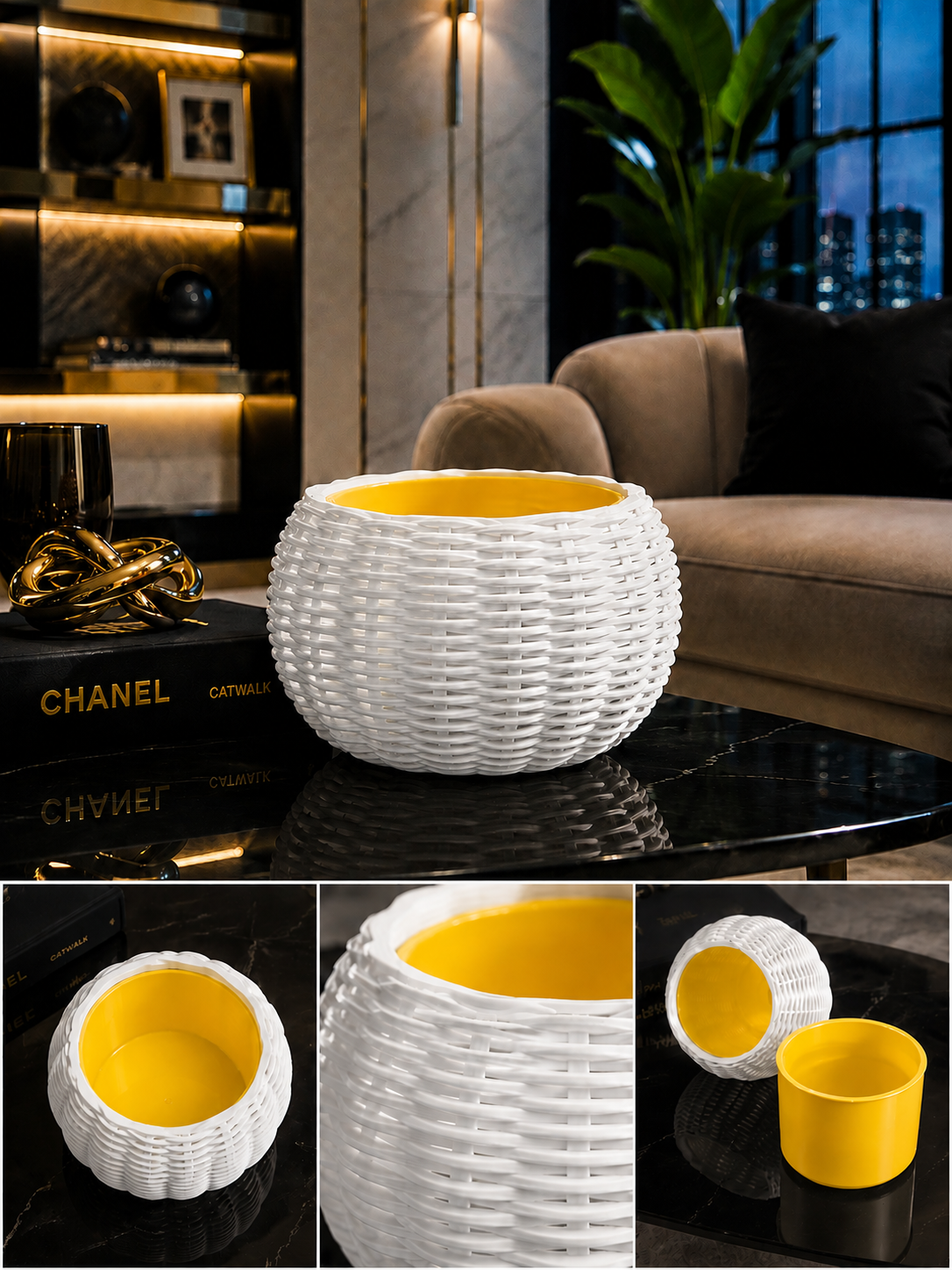 Ginestra modern indoor planter featuring an elegant white woven 3D design and removable yellow inner plant pot, ideal for houseplants, luxury interiors, contemporary living spaces and stylish modern home decor.