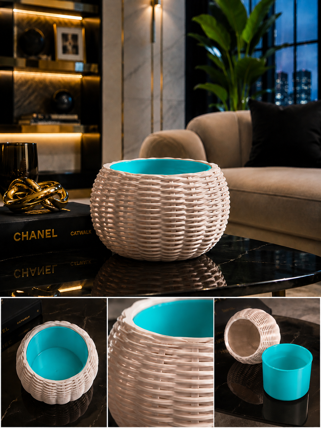 Ginestra modern decorative indoor planter featuring a beige woven 3D design and removable turquoise inner plant pot, ideal for plants, contemporary interiors and stylish home decor.