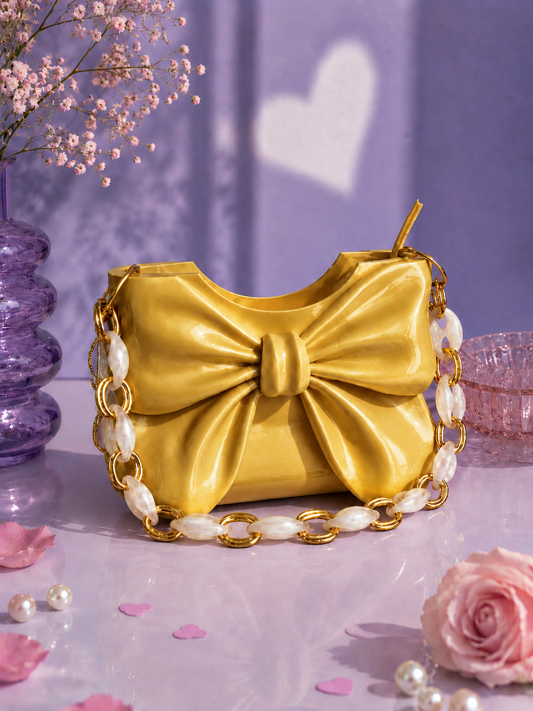 Elegant gold Dany bow handbag designed in 3D and crafted from high-quality PLA with a glossy metallic finish. Luxury women's designer shoulder bag featuring a sculptural bow, perfect for evening wear, weddings, parties, elegant events and contemporary fashion. A sophisticated statement handbag and premium gift for her.