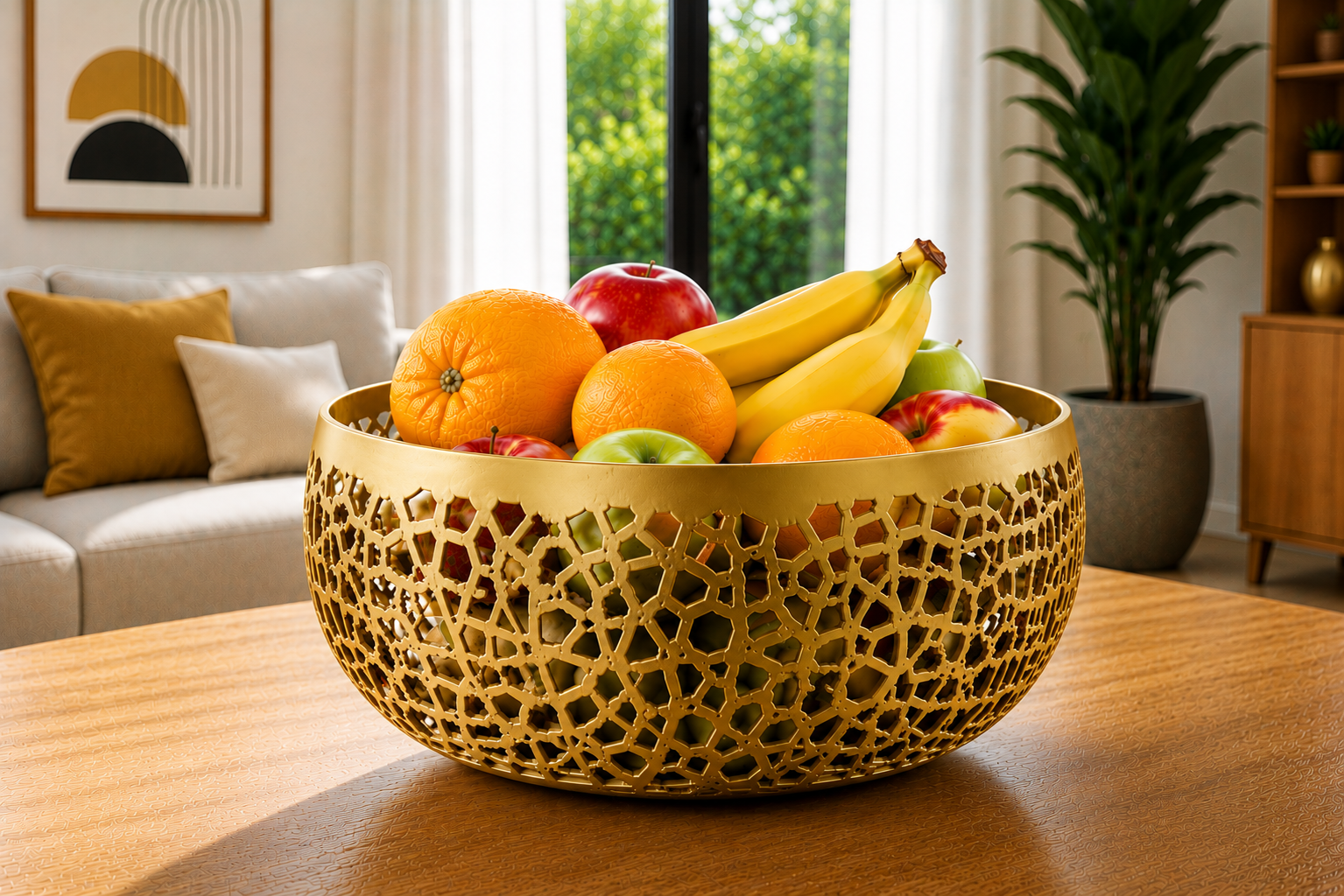 The Gold Lumea modern fruit bowl is a premium 3D printed decorative basket crafted from durable PETG with a luxurious gold finish. Its elegant geometric openwork design transforms fresh fruit into a sophisticated centerpiece, adding style and refinement to contemporary kitchens, dining rooms, and luxury living spaces. Designed and made in Italy, this modern fruit basket combines exceptional Italian craftsmanship, timeless elegance, and everyday functionality, making it the perfect decorative bowl for kitche