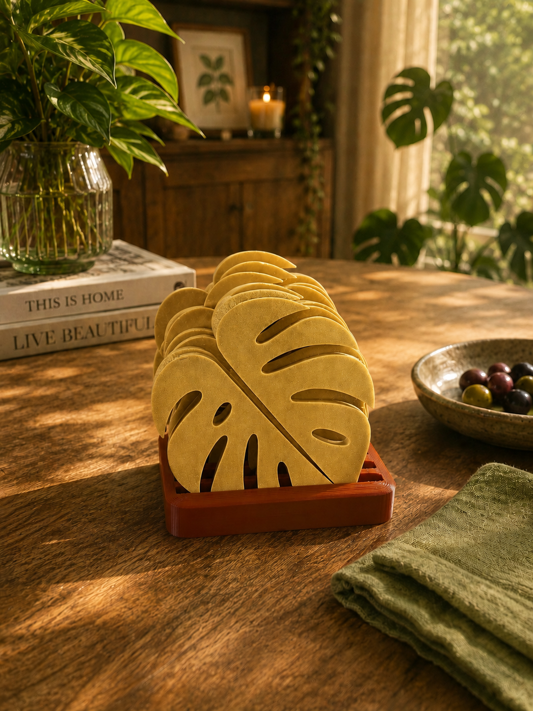Elegant Gold Monstera Leaf Coasters with Matching Holder, expertly 3D Printed in Premium PETG. Luxury Drink Coasters for Wine Glasses, Coffee Mugs, Cocktails and Modern Table Decor. Stylish Botanical Home Accessories Made in Italy.