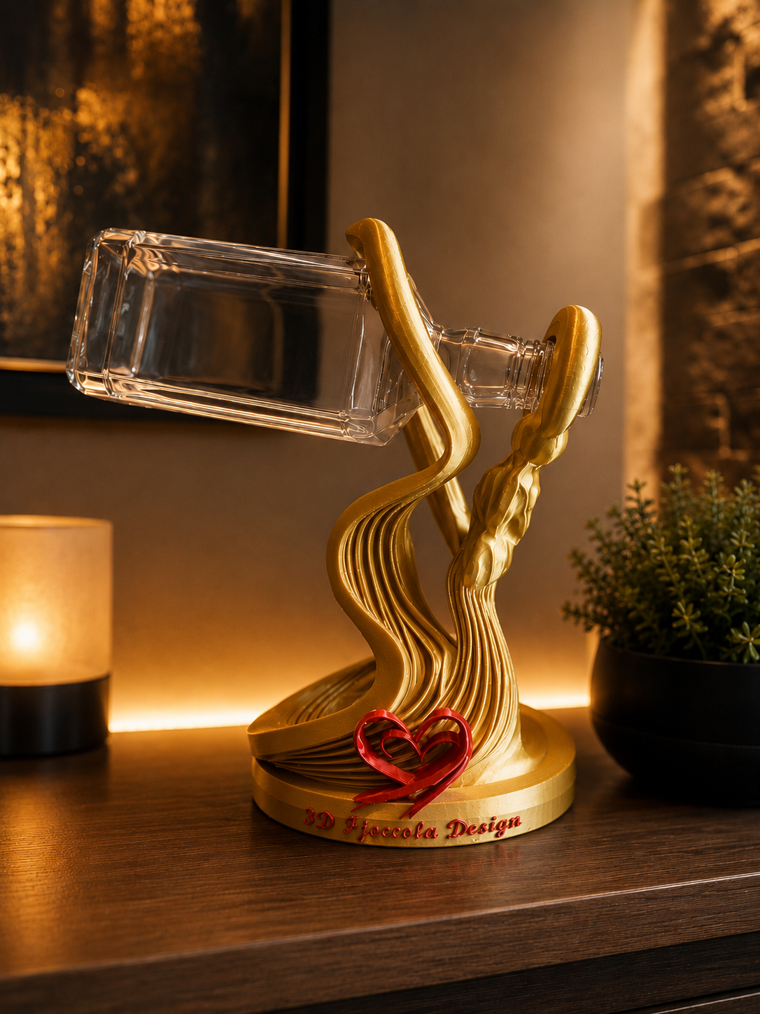 Luxury floating wine bottle holder in Gold, professionally designed in 3D and precision 3D printed with premium PETG. Featuring a sophisticated sculptural design and an eye-catching floating effect, it is perfect for modern home decor, kitchens, dining rooms, wine displays, home bars and luxury interiors. Designed and Made in Italy by FJoccola Design, combining innovation, craftsmanship and contemporary style.