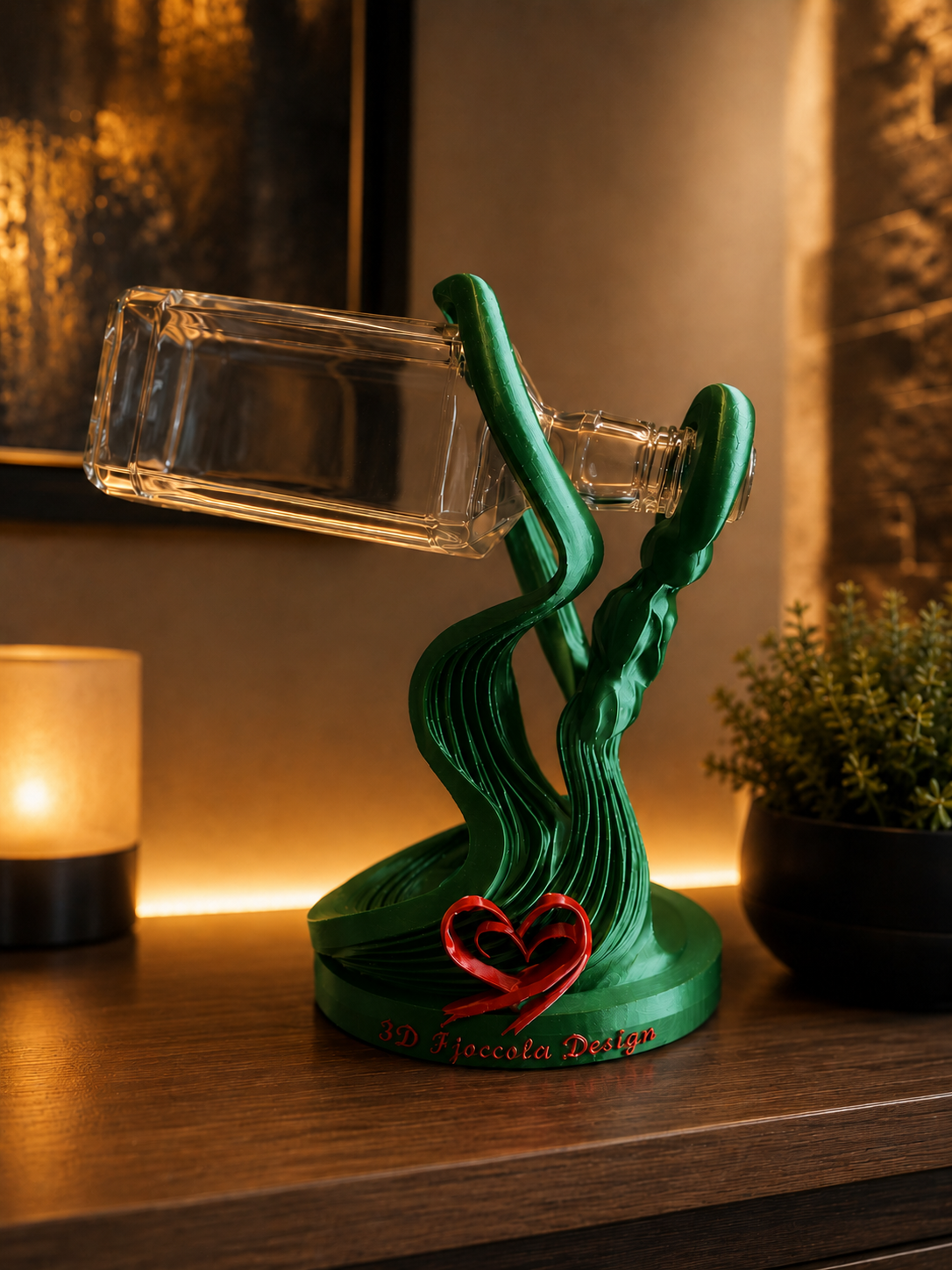 Luxury floating wine bottle holder in Green, professionally designed in 3D and precision 3D printed with premium PETG. Featuring a contemporary sculptural design and an eye-catching floating bottle effect, it is perfect for modern home decor, kitchens, dining rooms, wine displays, home bars and stylish interiors. Designed and Made in Italy by FJoccola Design, combining innovation, premium craftsmanship and timeless elegance.