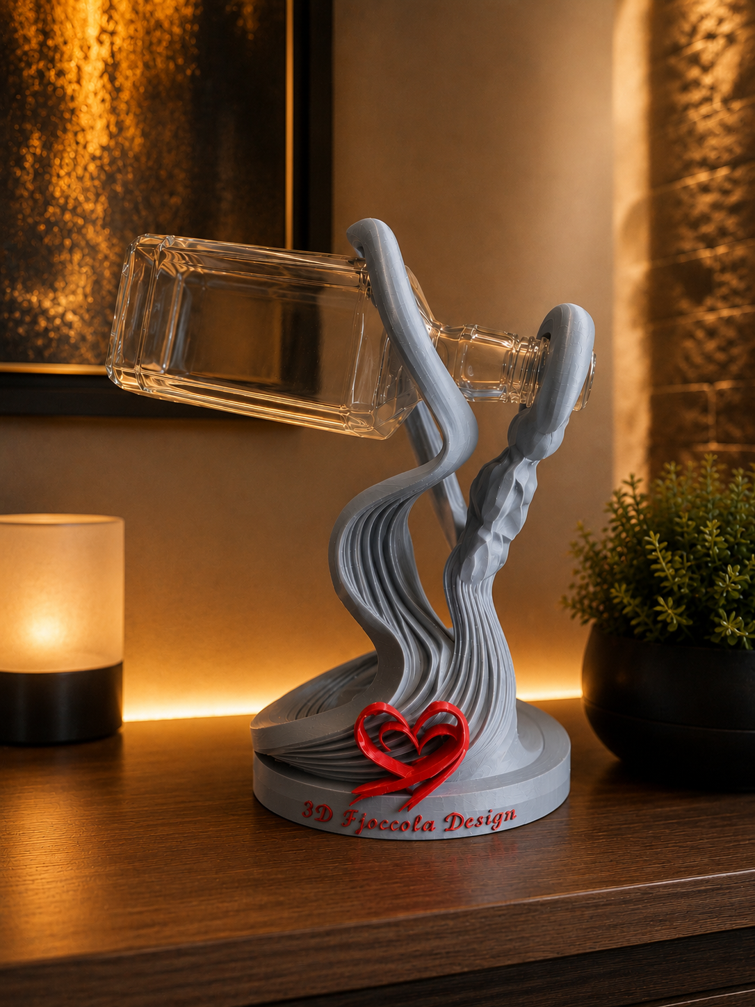 Gravity™ Grey is a modern floating wine bottle holder designed in 3D and precision 3D printed using durable PETG material. Featuring an elegant sculptural design with a unique floating effect, it is the perfect home decor accessory for kitchens, dining rooms, living spaces and home bars. Proudly designed and made in Italy, combining innovation, premium craftsmanship and contemporary style.