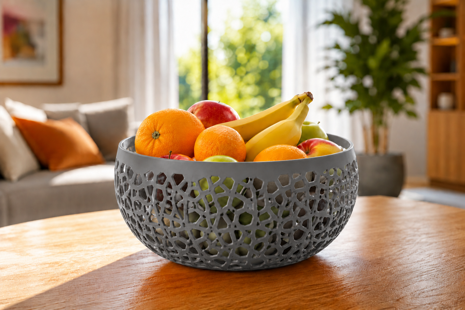 The Gray Lumea modern fruit bowl is a premium 3D printed decorative basket made from durable PETG. Its elegant geometric openwork design offers the perfect balance of style and functionality, making it ideal for displaying fresh fruit in modern kitchens, dining rooms, and contemporary living spaces. Designed and made in Italy, this luxury fruit basket serves as a sophisticated centerpiece and timeless home décor accessory.