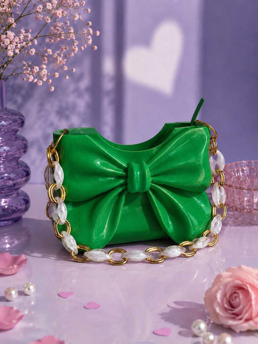 Elegant green Dany bow handbag designed in 3D and crafted from high-quality PLA with a glossy finish. Luxury women's designer shoulder bag featuring a sculptural bow, perfect for modern fashion, elegant outfits, parties, weddings, special occasions and everyday style. A unique contemporary fashion accessory, statement handbag and premium gift for her.