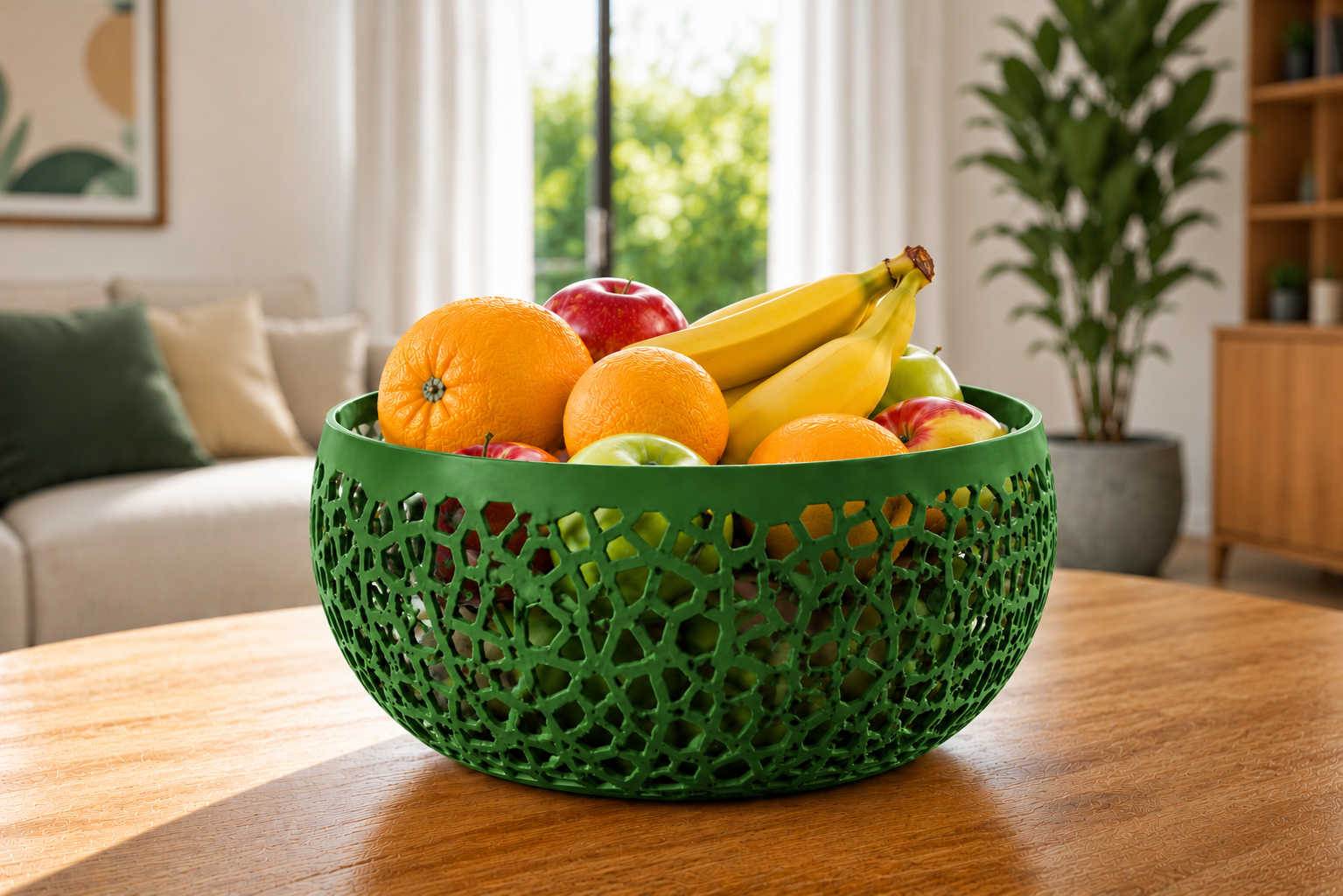 The Green Lumea modern fruit bowl is a premium 3D printed decorative basket crafted from durable PETG. Featuring an elegant geometric openwork design and a sophisticated green finish, it is perfect for displaying fresh fruit while enhancing contemporary kitchens, dining rooms, and modern living spaces. Designed and made in Italy, this stylish fruit basket combines timeless Italian design, premium craftsmanship, and everyday functionality, making it an elegant centerpiece for kitchen islands, dining tables, 