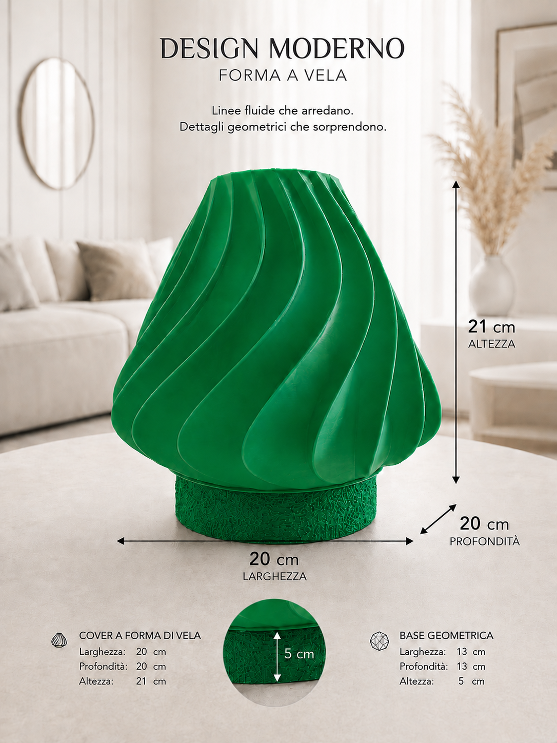 Green sculptural table lamp with matching green geometric base and modern wave design, ideal for contemporary home décor, statement lighting and modern interiors.