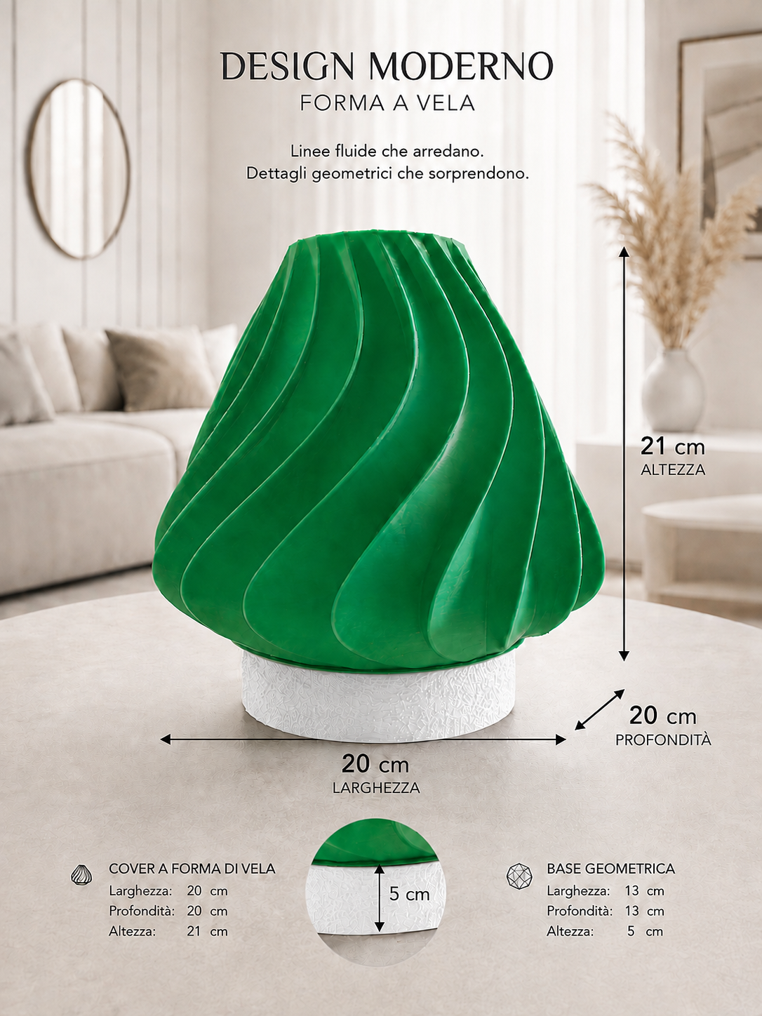 Green sculptural table lamp with a white geometric base and flowing wave design, perfect for contemporary home décor, modern interiors and statement lighting.