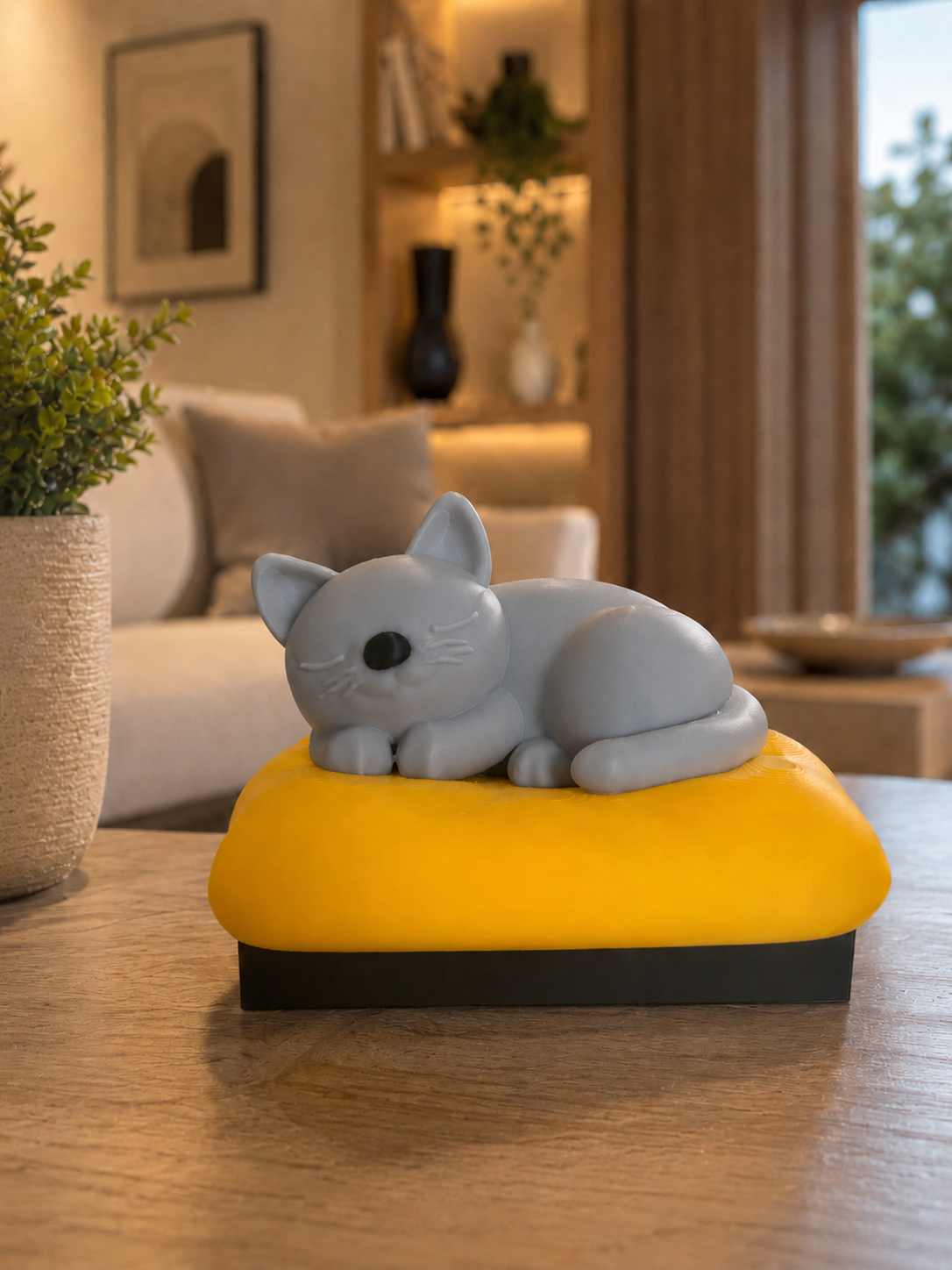 Elegant grey sleeping cat sculpture resting on a soft yellow cushion. Modern 3D printed home decor designed for living rooms, bedrooms, offices, shelves, and contemporary interiors. A unique decorative piece and thoughtful gift for cat lovers and minimalist design enthusiasts.