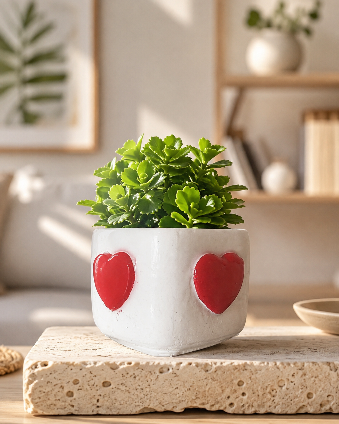 White handmade heart planter with green succulent, crafted from high-strength ceramic plaster and designed as modern decorative home decor.
