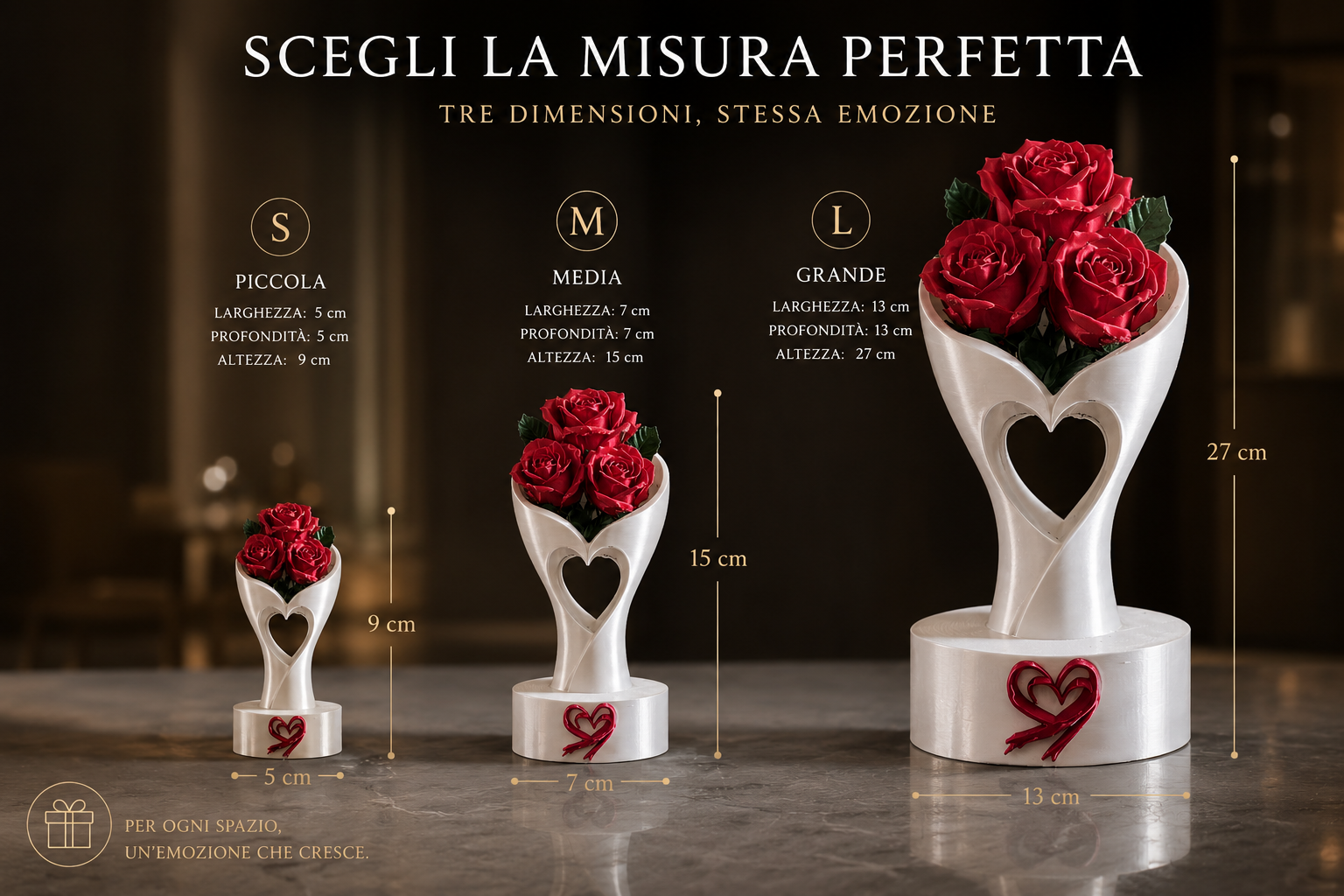 Jarrón de Lujo con Rosas Eternas – Escultura Decorativa 3D en Forma de Corazón para el Hogar Moderno | Idea de Regalo Romántica