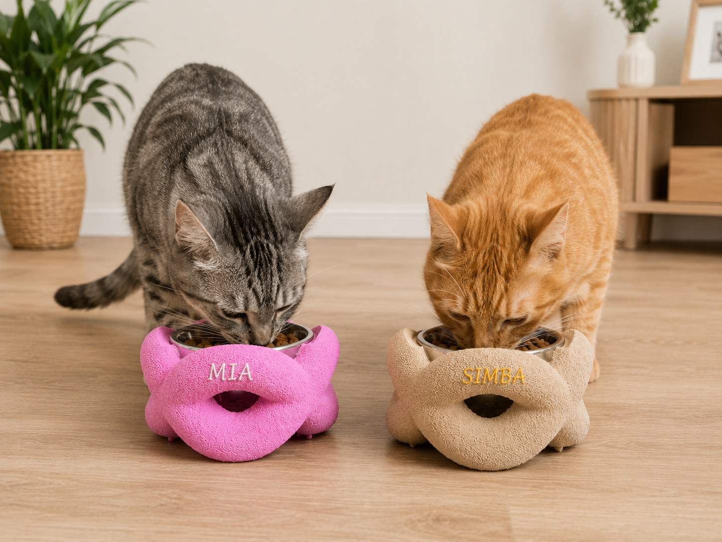 Modern Infinity Pet Bowl raised stand for cats and dogs in a stylish home environment. PETG 3D printed bowl holder.