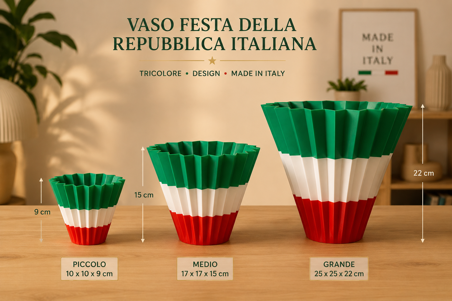 Comparison of small, medium and large Italian flag planters featuring modern geometric design, premium PETG material and 3D printed decorative flower pots for indoor plants and home decor.