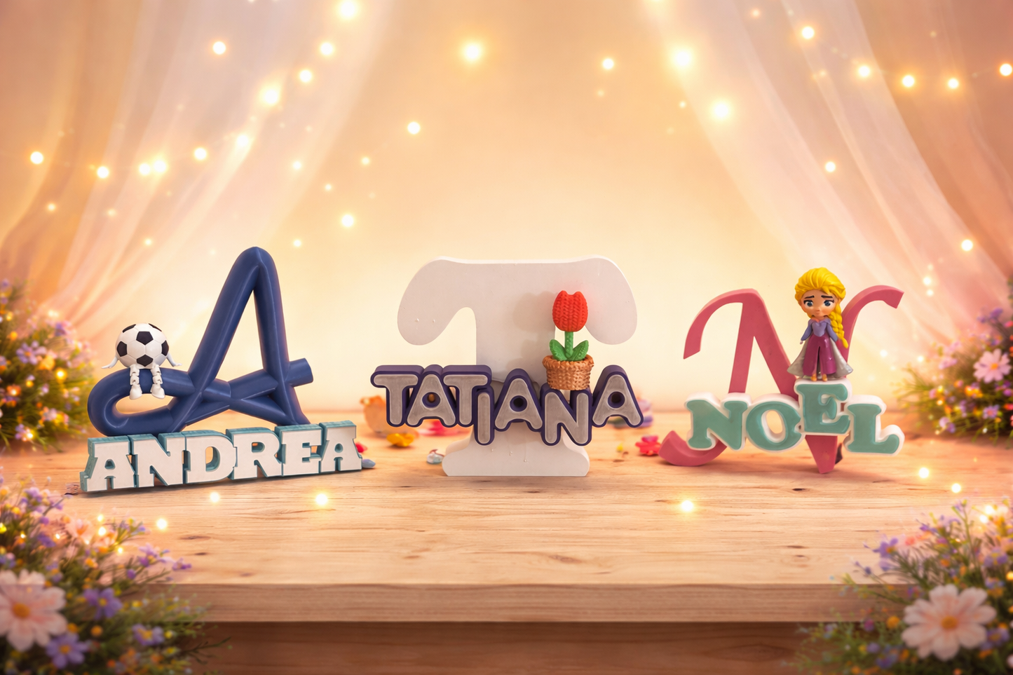 Lampada LED personalizzata con nome in primo piano su sfondo decorativo