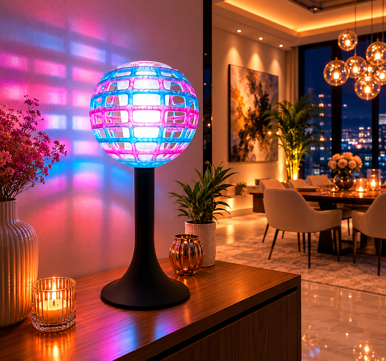 Lampada LED La Luce Si Riaccende con design sfera colorata in PETG illuminata su mobile moderno in soggiorno elegante