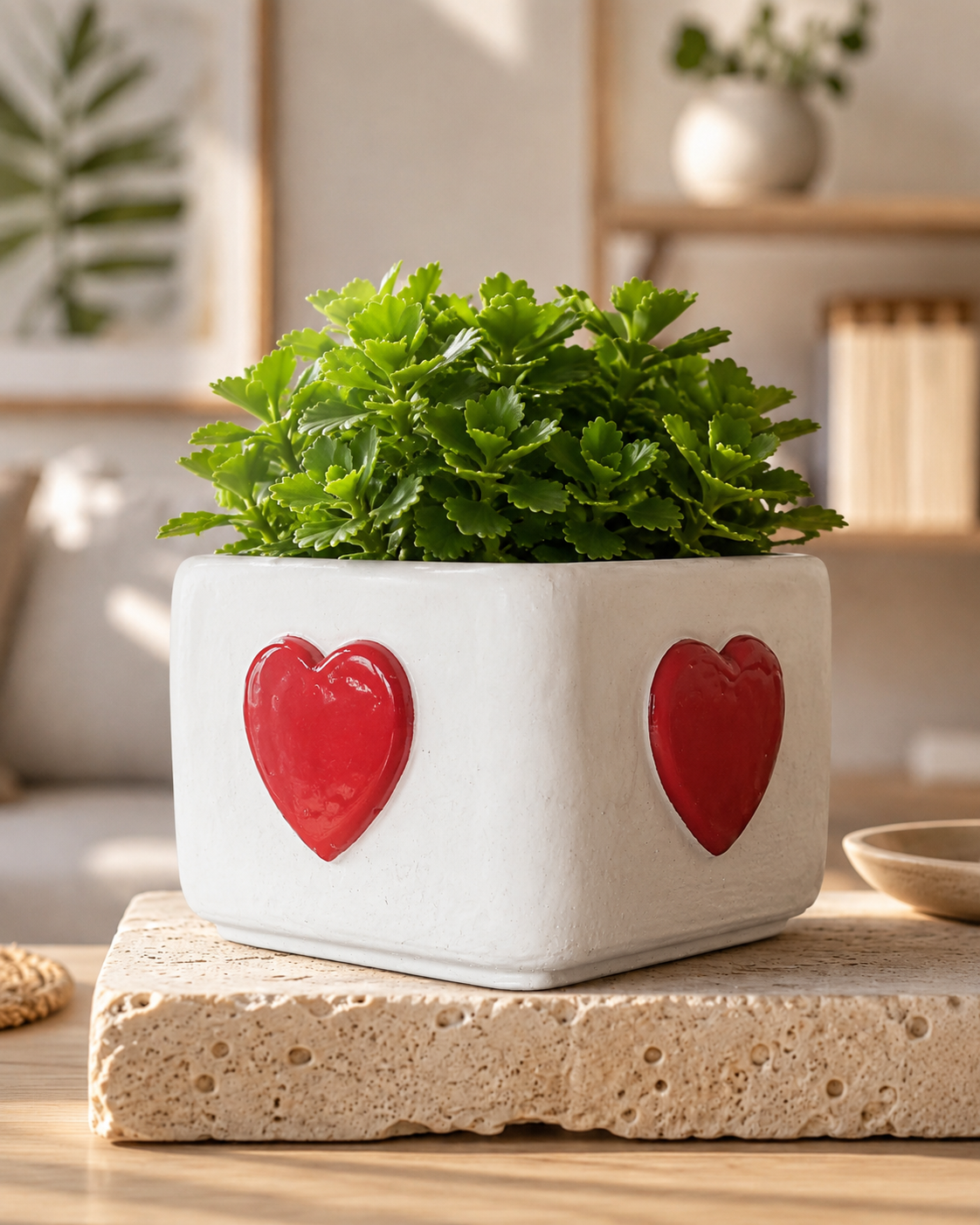 Large white heart planter with green plant, made from high-strength ceramic plaster and designed as a modern decorative indoor planter for stylish home interiors.