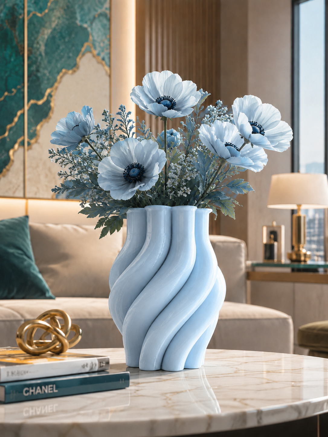 Elegant light blue Margherita designer vase handcrafted with premium 3D printing technology in durable PETG, featuring a refined floral arrangement in matching white and soft blue tones. Luxury modern home decor for living rooms, offices, hotels and contemporary interiors. Made in Italy, perfect for flowers, stylish home decoration and designer interior spaces.