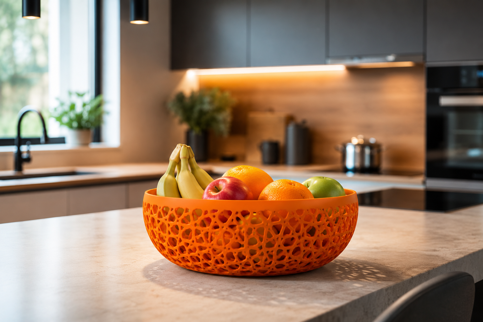 The Lumea designer fruit basket features a contemporary geometric pattern and premium 3D printed PETG construction. Perfect for displaying fresh fruit, bread, or decorative items, it enhances modern kitchens and dining spaces with elegant Italian-inspired design and timeless style.