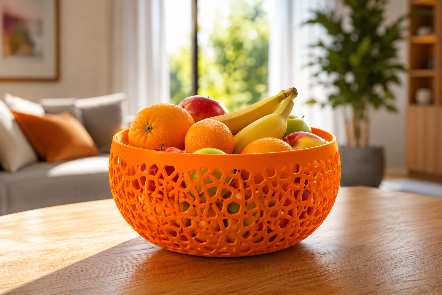 The Lumea modern fruit bowl is a premium 3D printed decorative basket made from durable PETG. Displayed on a contemporary kitchen island, it combines elegant geometric design with everyday functionality, making it the perfect fruit bowl, table centerpiece, and modern home décor accessory for stylish interiors.