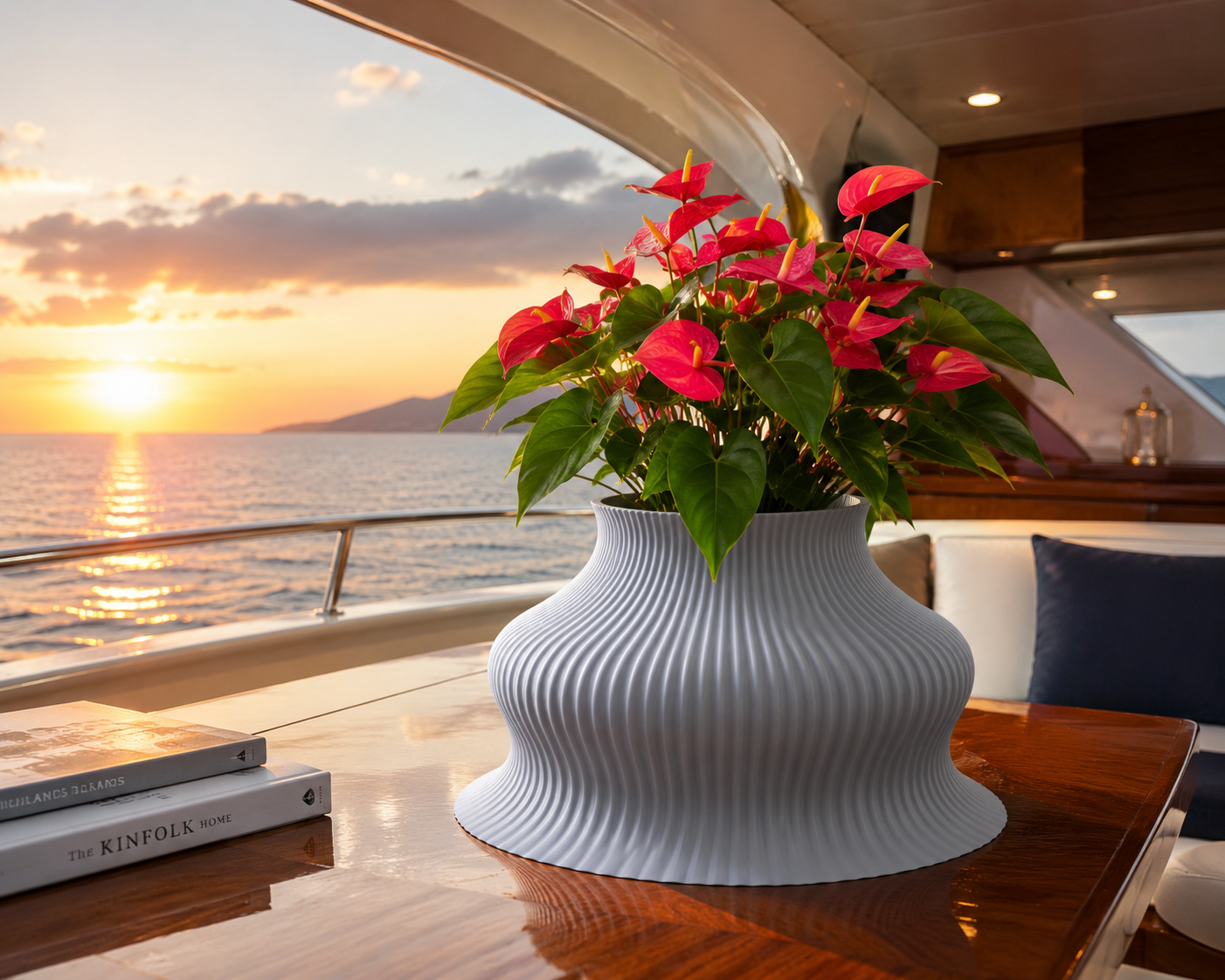 Luxury decorative PETG vase displayed aboard an elegant yacht with vibrant tropical flowers. Modern designer planter created with high-quality 3D printing for premium interiors…