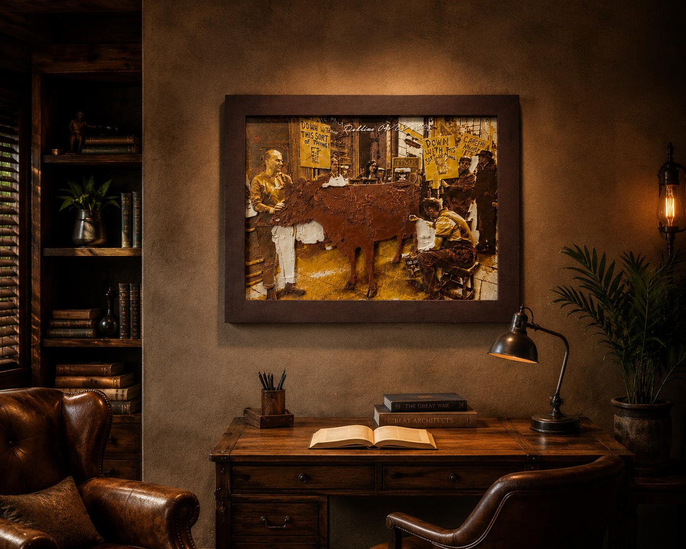 Elegant handcrafted 3D relief wall sculpture displayed in a sophisticated office interior. Premium textured artwork designed for modern homes, executive offices, studios and luxury interior decoration with timeless artistic appeal.