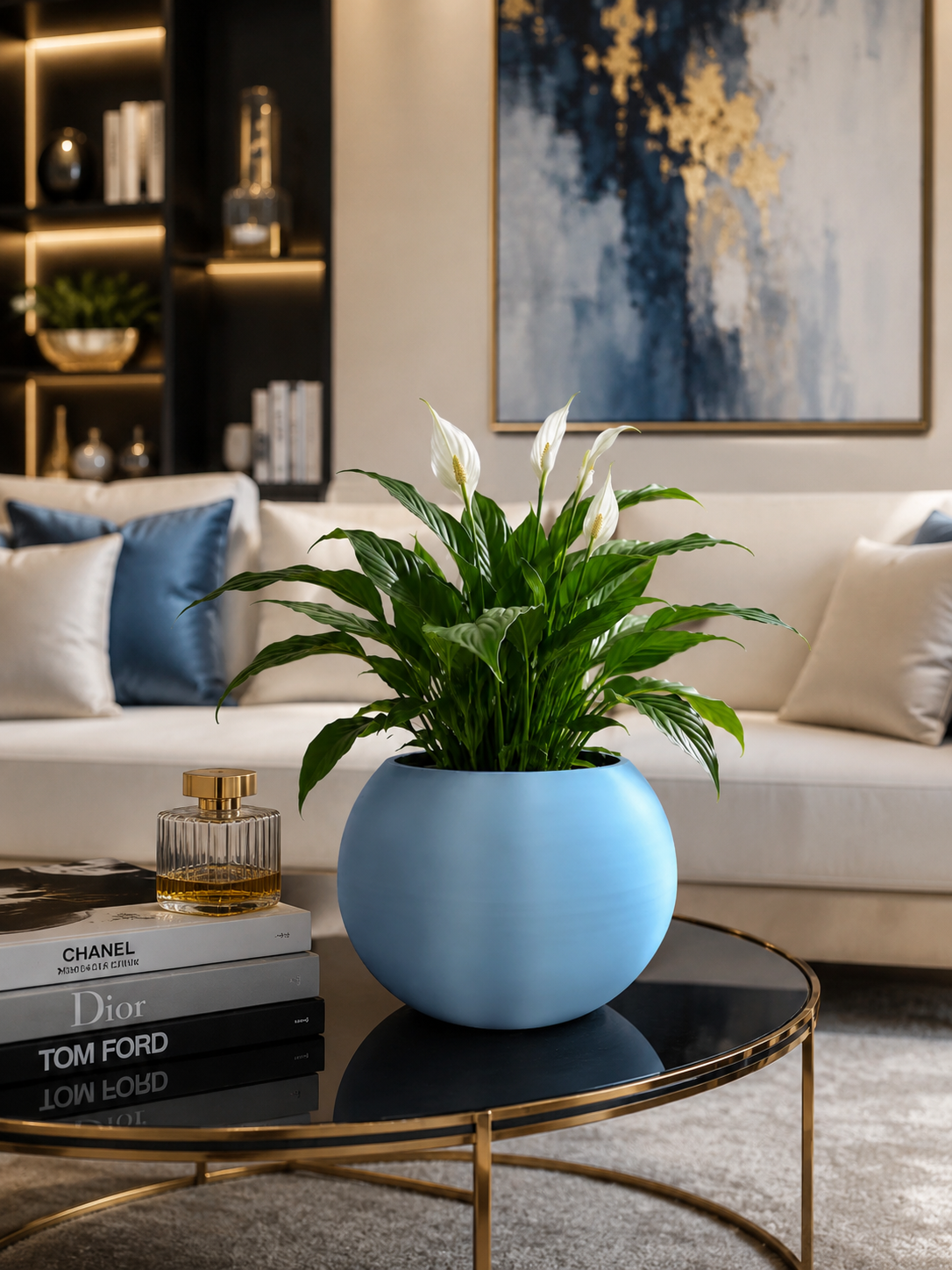 Premium blue decorative planter with an elegant tropical indoor plant displayed on a black marble table in a luxury contemporary living room. Modern home decoration, designer flower pot, 3D printed in Italy.