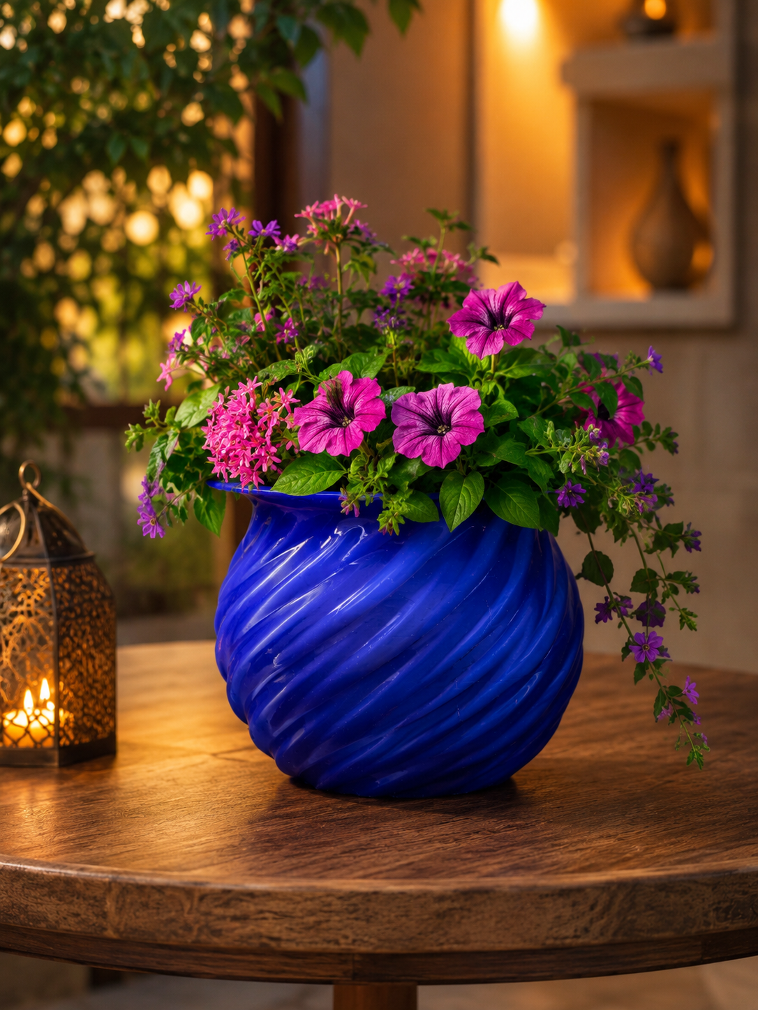 Luxury blue spiral vase filled with vibrant colorful flowers, artistic 3D printed decorative planter for elegant home decor, modern floral arrangement, designer flower pot,…