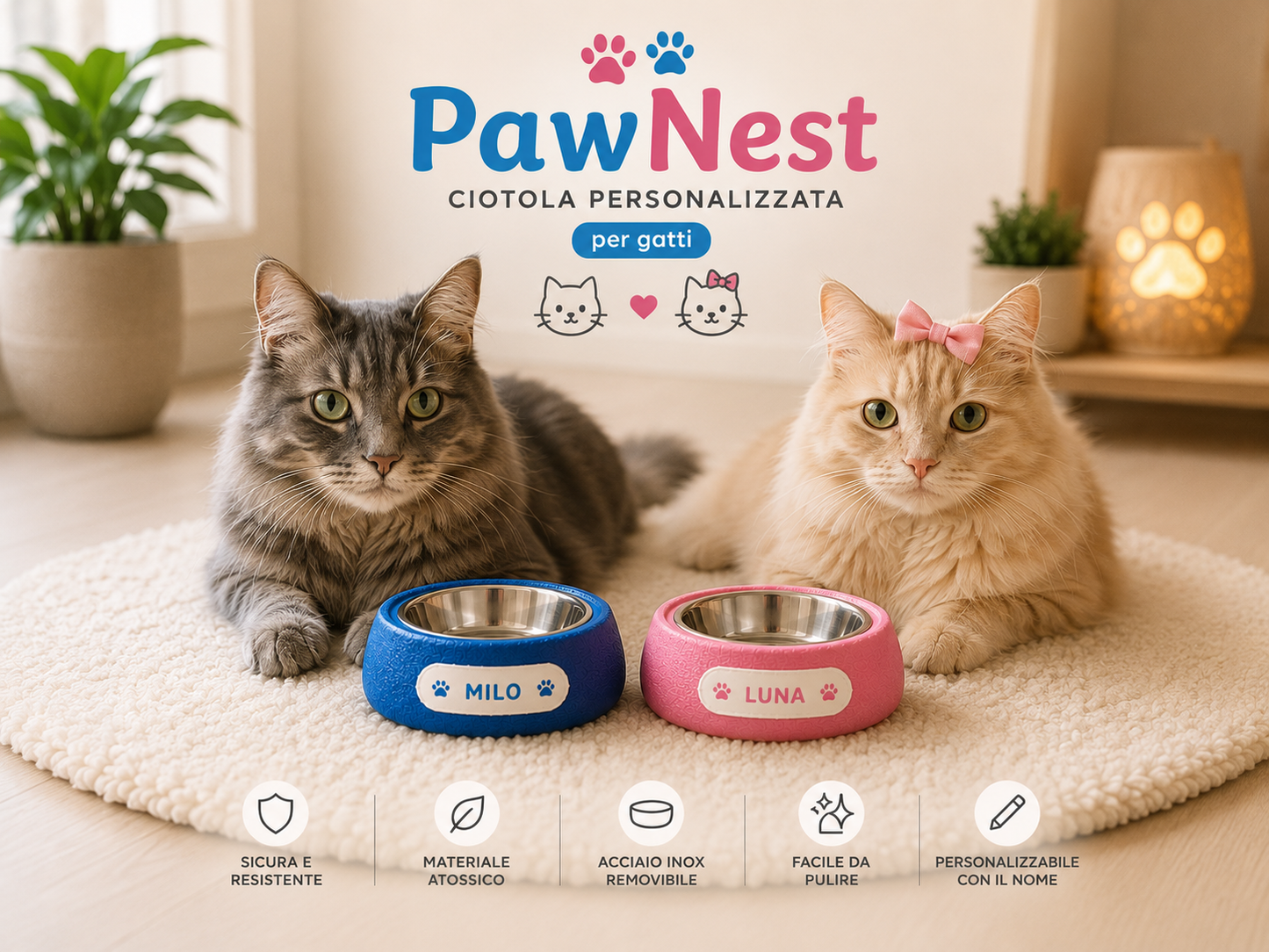 Custom dog and cat bowl holder with personalized name, modern design and removable bowl compartment.