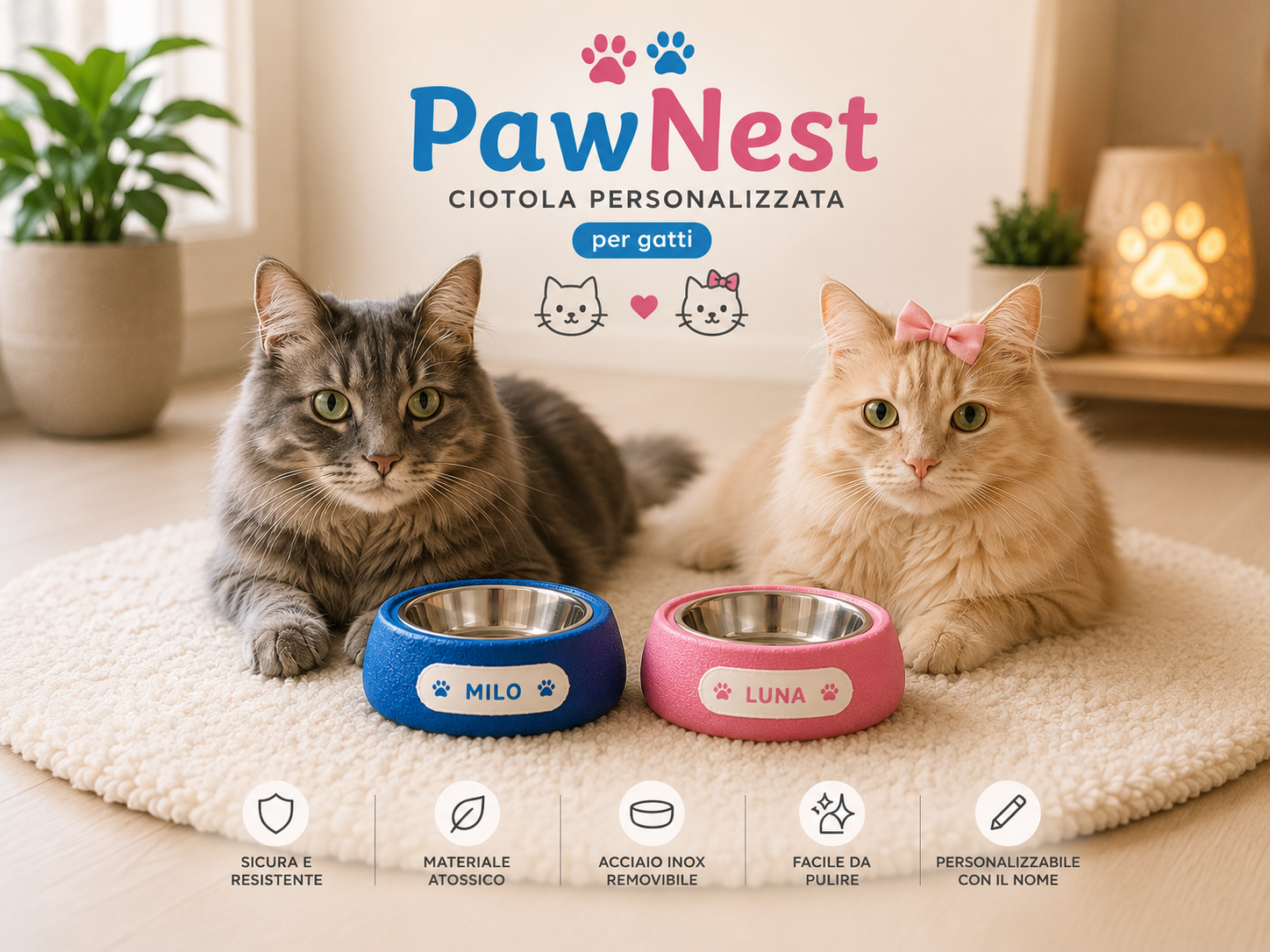Custom dog and cat bowl holder with personalized name, modern design and removable bowl compartment.