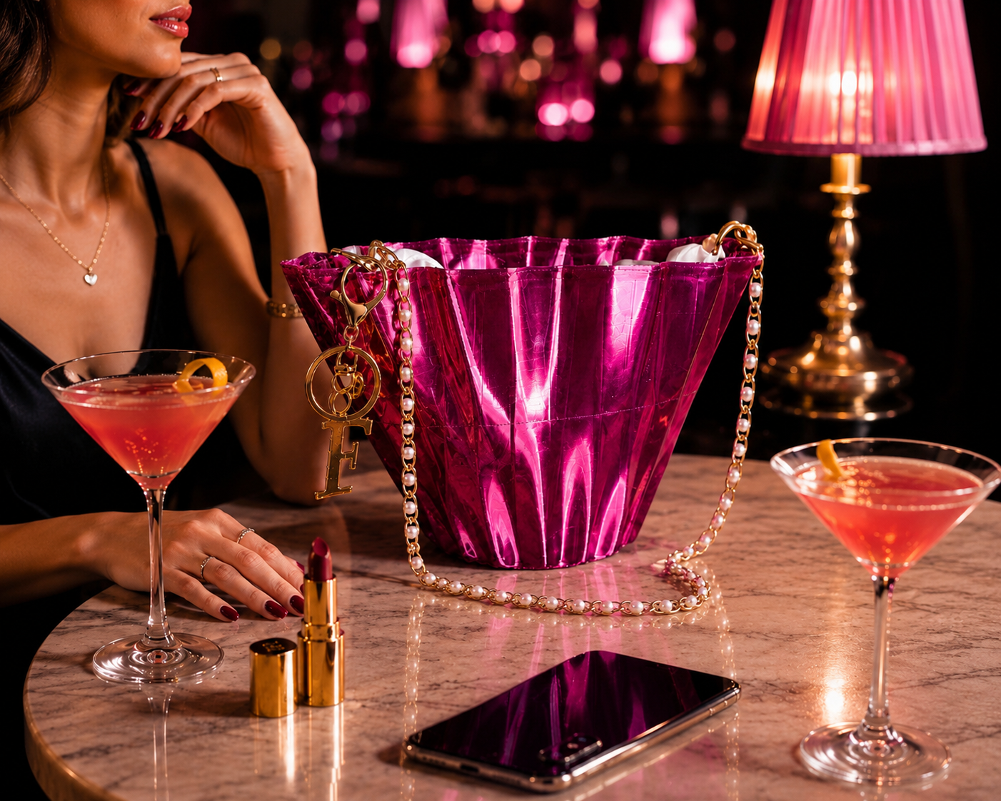 Premium fuchsia designer shoulder bag for women with elegant pearl chain and gold charm, handcrafted using advanced 3D printing technology in Italy. Luxury fashion handbag photographed in an upscale cocktail lounge, perfect for evening wear, parties, special occasions and modern luxury style.