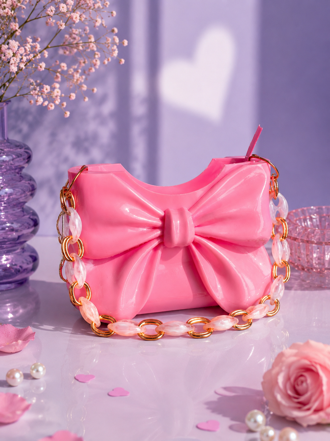 Glossy pink bow handbag showcased in a sophisticated indoor setting with floral decorations. Modern women's shoulder purse combining luxury design, elegance and contemporary fashion trends.
